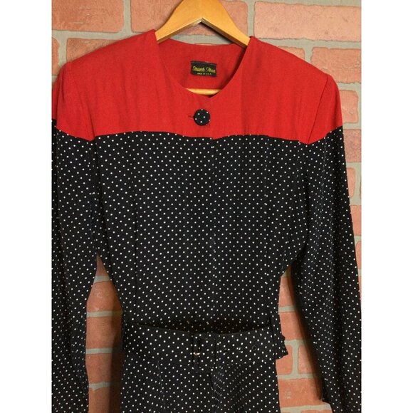 Vintage Stuart Alan Womens Polka Dots Belted Dress Long Sleeve Peplum Size 8 - Picture 4 of 7